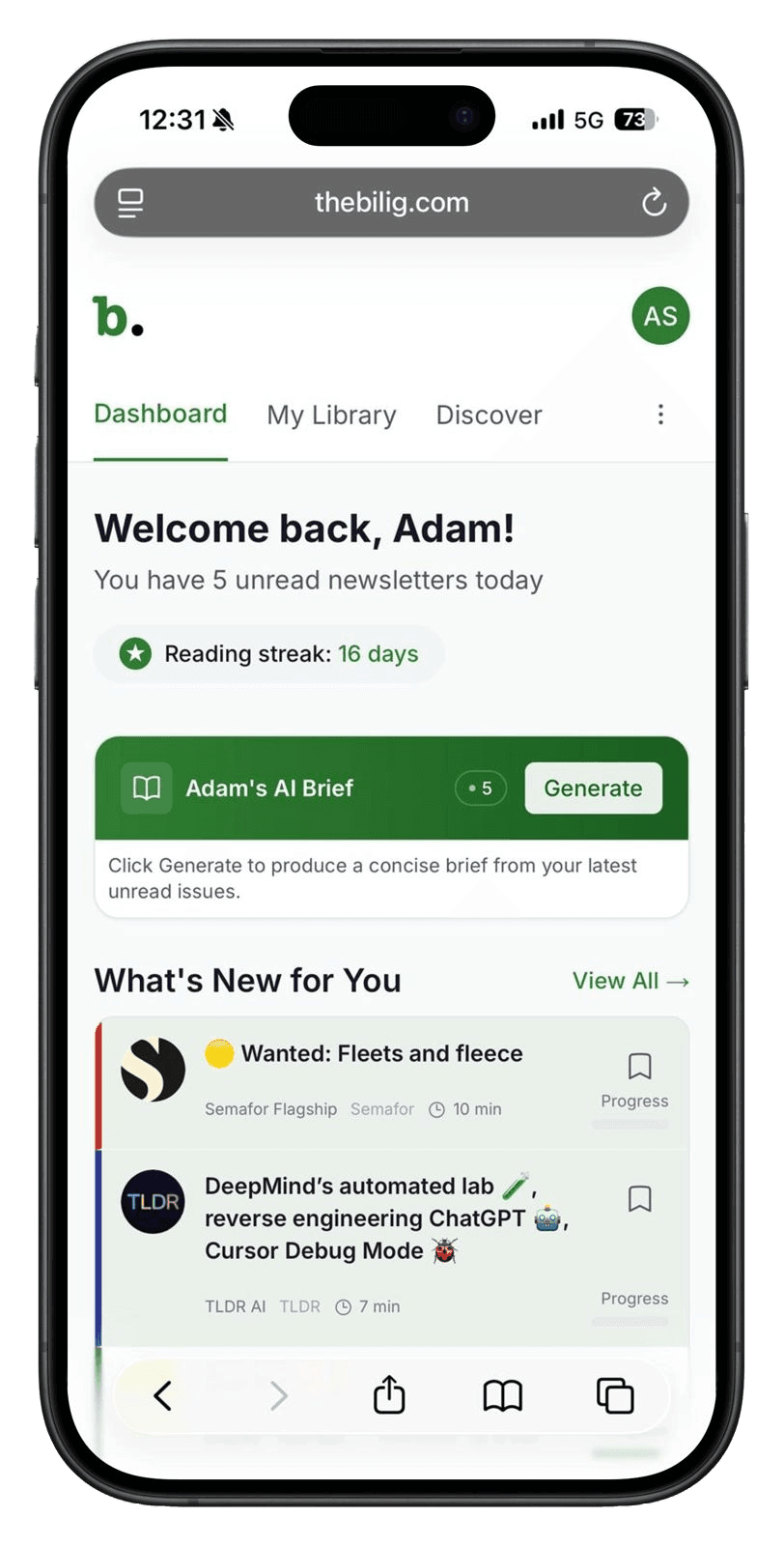Bilig Dashboard - All your newsletters in one organised reading space