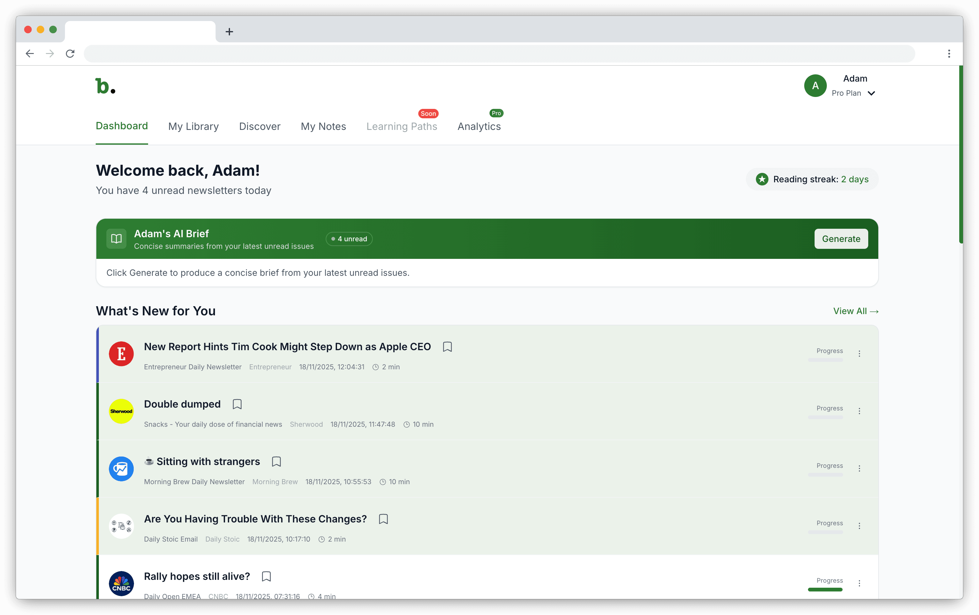 Bilig Dashboard - All your newsletters in one organised reading space