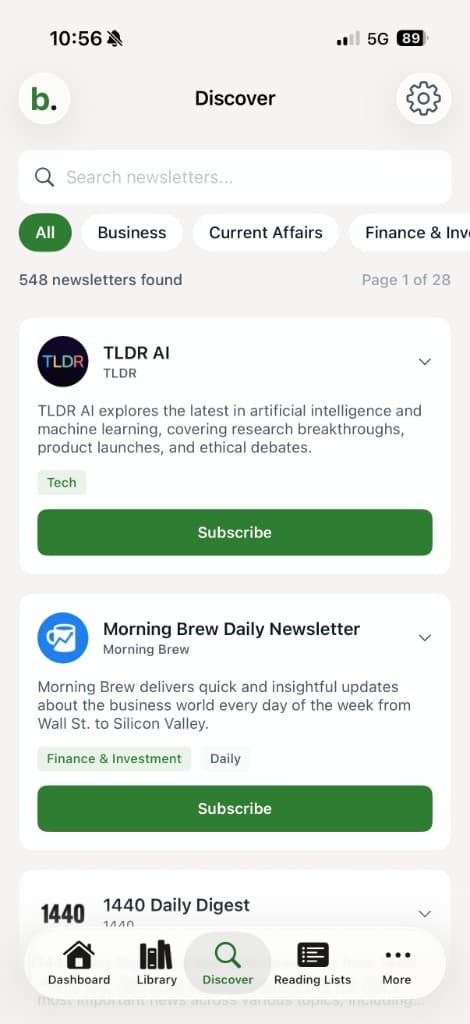 Bilig Discover page showing curated newsletter directory