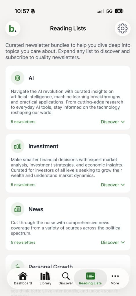Bilig Reading Lists showing curated newsletter bundles by topic