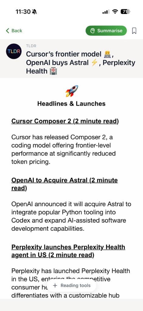 Bilig reading view with AI summaries and clean typography